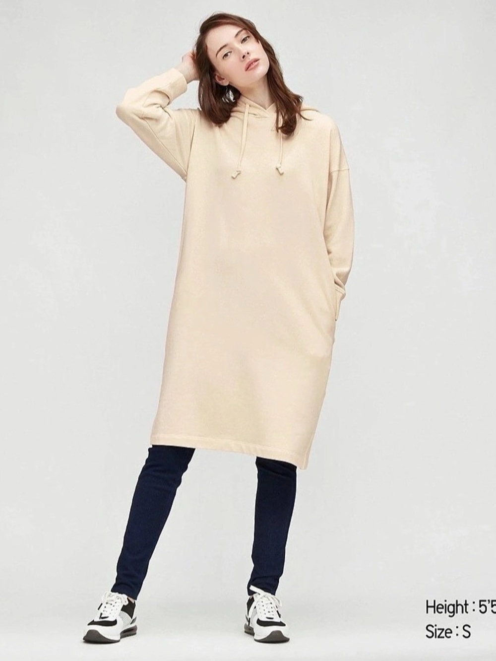 Uniqlo Sweat Long Sleeve Hoodie Dress in Cream Size Large